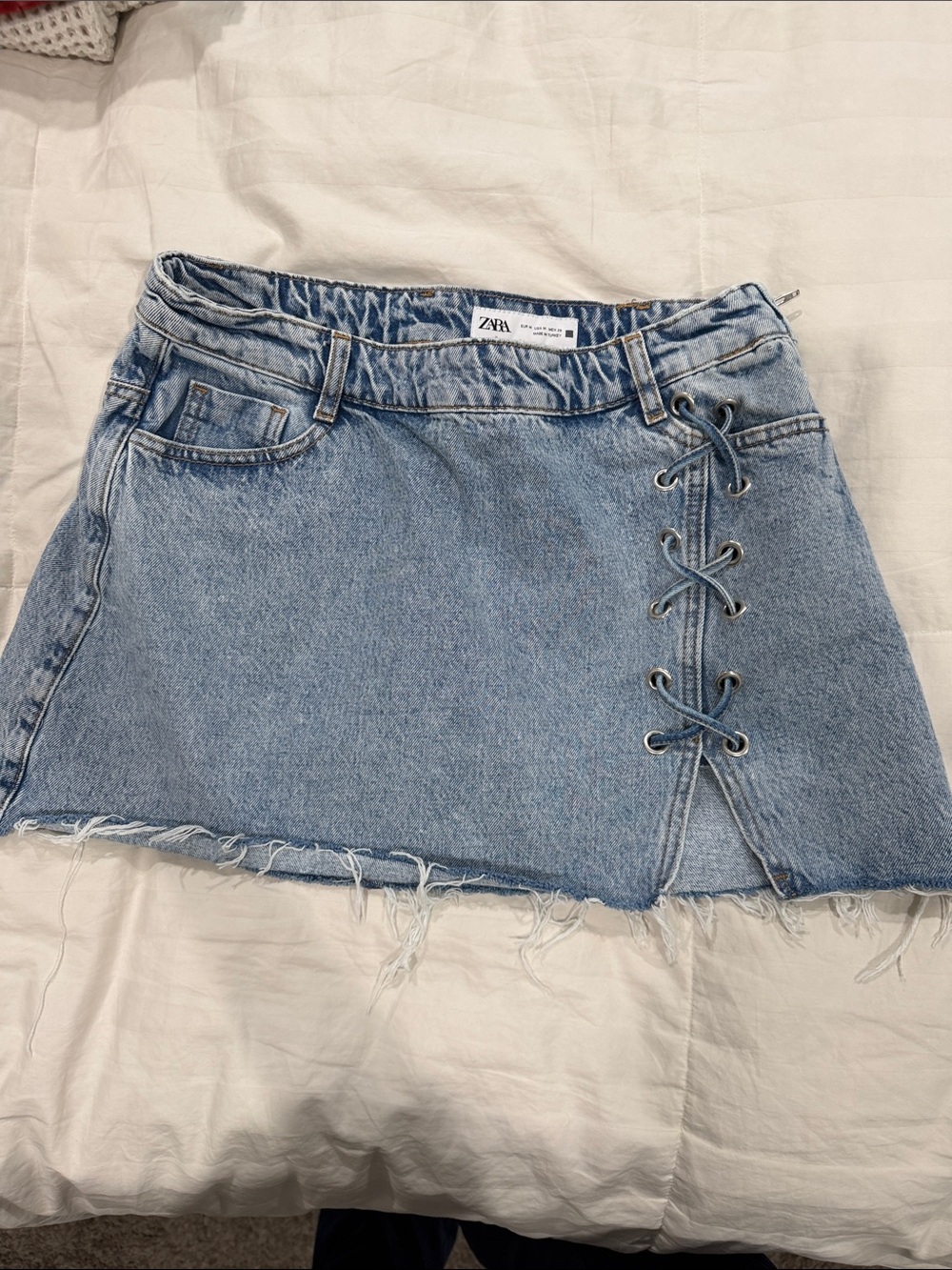 ZARA Light Blue Denim Mini Skirt with Side Lace-Up
